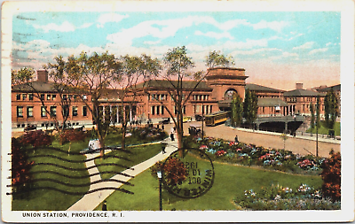 #ad Postcard Providence Rhode Island Union Station Colorful Flowers Posted 1926 $5.03