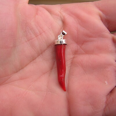 #ad Gold Silver Fine Red Sardinia Italy coral pendant 1.30quot; Handmade Horn Talisman $66.39