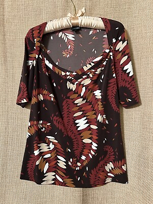 #ad East 5th Top L Brown Artsy Stretch Knit Popover Shirt Blouse Women’s Size Large $12.74