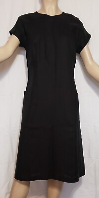 #ad Linen Midi Black Dress Shift Casual Loose Front Pockets Size 10 Meduim $38.50