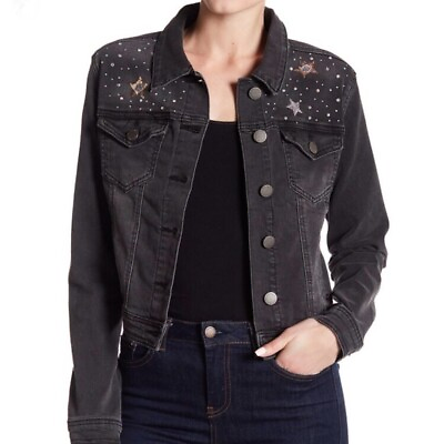 #ad Romeo and Juliet BLACK Women#x27;s Crystal Sequin Stars Denim Trucker Jacket M $22.94