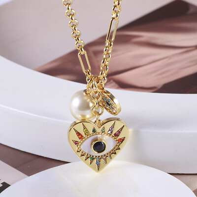 #ad KSNY Design Love Disc Eye Shape Inlaid Mother Shell Zircon Pearl Necklace $42.99