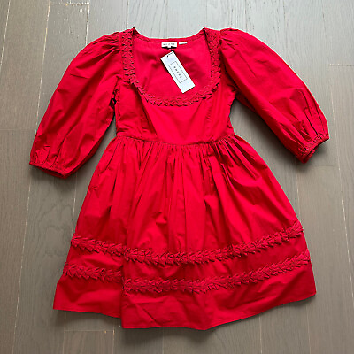 #ad NWT Rhode Daya smocked red POPPY poplin cotton mini dress poppy puff sleeve 4 $95.00