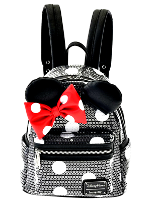 #ad MINT Disney Parks Loungefly Mini Backpack Minnie Mouse Bow Sequin $74.99