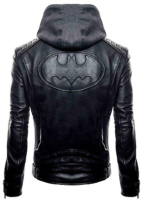 #ad Men#x27;s Black Batman Leather Jacket Arkham Bruce Wayne Bat Logo Jacket $93.99