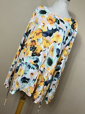 #ad Damp;Co Denim amp; Co XL Shirt Top Yellow Green Floral Long Sleeve Drawstring Waist M2 $20.40
