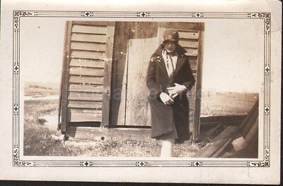 #ad Young Girl Coat Hat Walks from Shed or Outhouse Vintage Photograph Snapshot $9.95