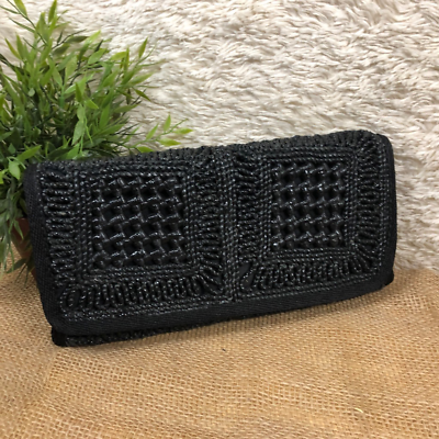 #ad The Bon Womens Clutch Handbag Black Textile Wicker Cord Snap Flap Braided Italy $12.88