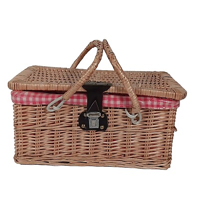 #ad Wicker Rattan Picnic Basket Gingham Lined Red White Faux Leather Latch 7.5x14.5 $25.00