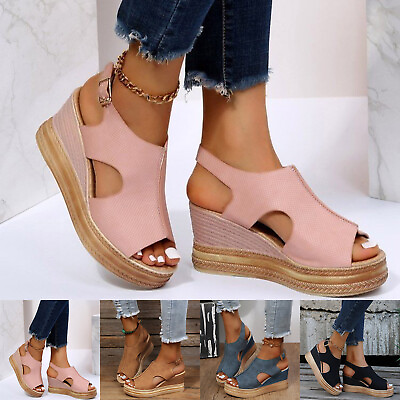 #ad Ladies Fashion Solid Color Hollow Out Leather Open Toe Buckle Wedge Heel Hot $22.79