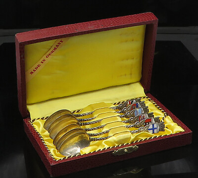 #ad 925 Silver Vintage 6 Pcs Enamel European Cities Decorative Spoon Set TR2560 $169.15