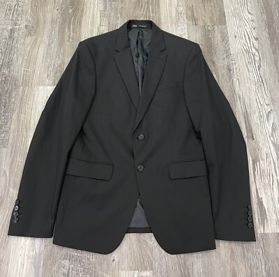 #ad Zara Man Blazer Mens 36 Black Wool Blend Sport Coat 2 Button Jacket Cool Comfort $25.49