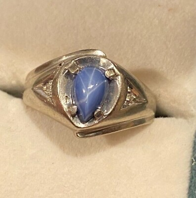 #ad 10K solid White Gold Star Sapphire Ring Diamonds Size 9 5.7 gr $225.00