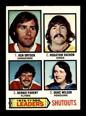 #ad 1977 Topps #8 Ken Dryden Rogie Vachon Bernie Parent Dunc Wilson League Leader EX $3.25