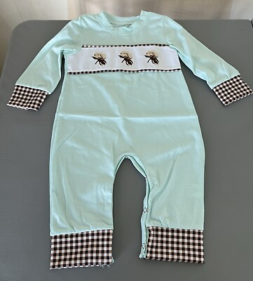 #ad NWT Baby Boy Green Smocked amp; Embroidered Cotton Boll Romper 6 12 Mo $15.99