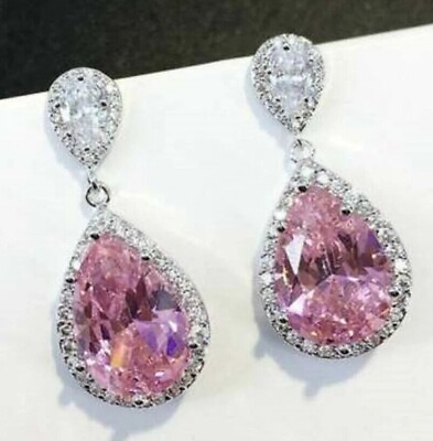 #ad White Gold 14k Over 3Ct Pink Pear Lab created Diamond Halo Dangling Earrings $117.72