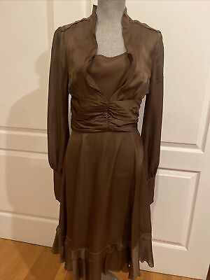 #ad MANGO Midi Dress Chiffon With Slip Dress Brown Size 4 $14.99