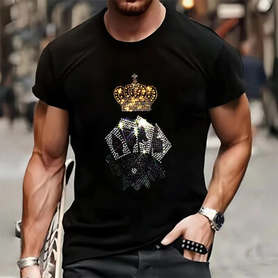 #ad New Men Luxury Diamond Cards Rhinestones Fashion Black T Shirt High Quality $37.90