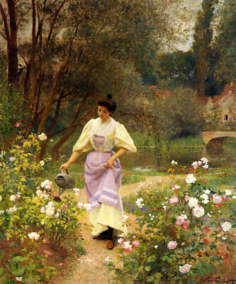 #ad LADY GIRL WATERING THE GARDEN FLOWERS 1899 PAINTING BY VICTOR GILBERT REPRO $62.90