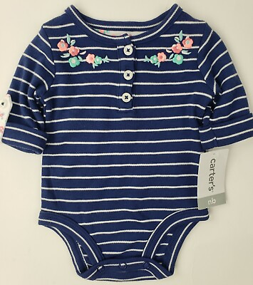 #ad Carters Bodysuit Girls Newborn 3 4 Sleeve Striped Floral Buttons Baby Blue Shirt $4.79