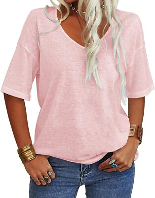 #ad Danedvi Women Fashion V Neck Half Sleeves Oversized T Shirt Solid Casual Loose B $47.86