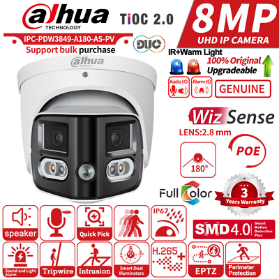 #ad Dahua 8MP 180° Panoramic Full color IP Camera Speaker IPC PDW3849 A180 AS PV Lot $171.00