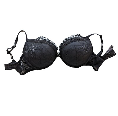 #ad Victoria Secret Bombshell Bra 38C Underwire Plunge Black Lace Add 2 Cups Push Up $22.50