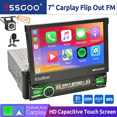 #ad 1 DIN 7quot; Car Stereo Apple Carplay MP5 Car Radio Flip Out Screen Head Unit CAM $91.99