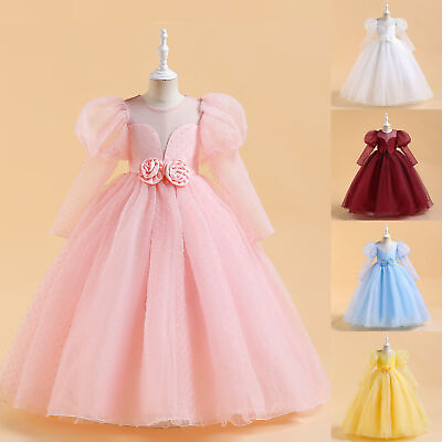 #ad Girls Flower Princess Dresses Puff Sleeve Party Wedding Bridesmaid Formal Gown $39.77