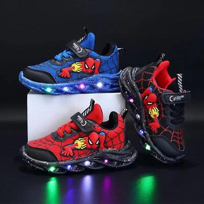 #ad Kids Boys LED Spiderman Shoes Children Gift Sneakers Flashing Light Up Trainers $24.99