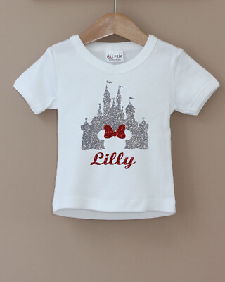 #ad Minni Mouse Disney Castle Glitter Vinyl Tshirt $25.00