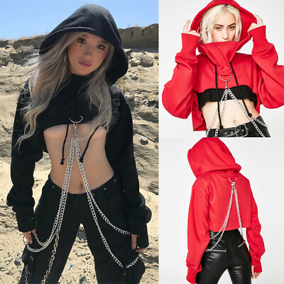 #ad Women Long Sleeve Loose Short Crop Top Hoodie Solid Chain Hooded Pullover Tops $23.52
