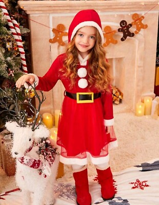 #ad Kids Cooltwn Young Girl 1pc Christmas Pom Pom Decor Fuzzy Trim Hooded Dress Red $25.98