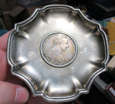 #ad ANTIQUE PLATE SOLID SILVER DISH 1780 MARIA THERESA THALER COIN SEE HALLMARKS $249.00