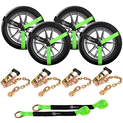 #ad 4 Pack Car Tie Down with Chain Anchors Auto Hauler Ratchet Tie Down Straps $93.07