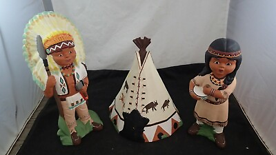 #ad Vintage Native American Bisque Figurines Boy Girl Teepee Indian Hand Painted 14quot; $31.99