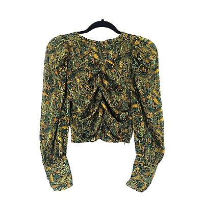 #ad Zara Women#x27;s Printed Gathered Blouse Size XS Green Boho Blouson Sleeve Top $19.37