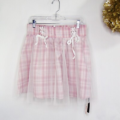 #ad Romwe Women#x27;s Pink Plaid Kawaii Tulle Corset Waist Mini Skirt size large $21.99