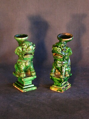 #ad MING DYNASTY PAIR OF CERAMIC CANDLE HOLDERS SHAPED AS FOO DOGS $1500.00