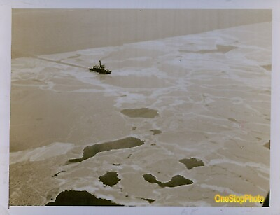 #ad 1936 Ice Locked Boston Harbor Frozen Tug Boat Ploughing Through Press Photo $24.99