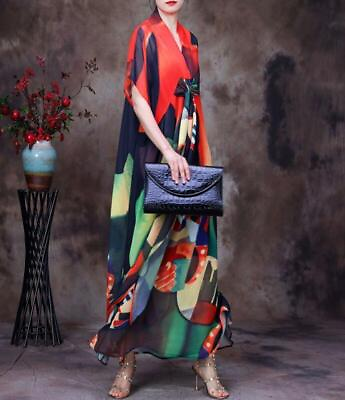 #ad Women Tencel Printed Dress Irregular Fashion Long Suspenders Gown V neck Suits $68.61