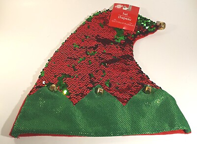 #ad Christmas Elf Hat Green and Red Sequins With Bells New $8.99