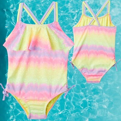 #ad NEW Baby Girls Bathing Swimsuit 2T Floral Tie Dye Crochet One Piece Pastels $10.88