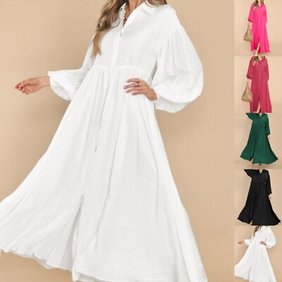 #ad Ladies Maxi Dresses V Neck Long Dress Women Kaftan Party Button down Shirt Solid $47.90