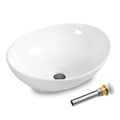 #ad Oval Bathroom Basin Ceramic Vessel Sink Bowl Vanity Porcelain w Pop Up Drain $46.99