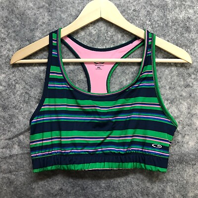C9 Champion Sports Bra Womens XL Green Pink Striped Racerback Athletic Workout $9.99