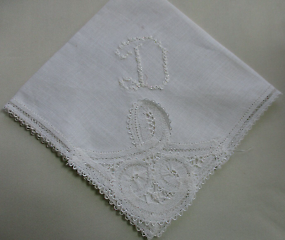 #ad Vtg Hand Monogram White Handkerchief quot;Dquot; in White. Battenburg Corner. BRIDAL $4.50