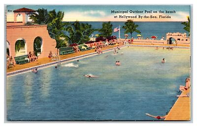 #ad HOLLYWOOD BY THE SEA Florida FL MUNICIPAL OUTDOOR POOL Beach ca1940#x27;s Postcard $3.75