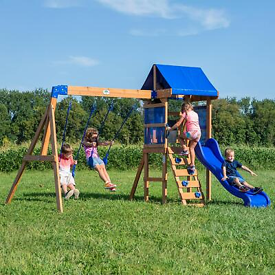 #ad Kids Outdoor Cedar Wood Swing Set Play Set W Clubhouse Slide Rock Wall Ladder $480.99