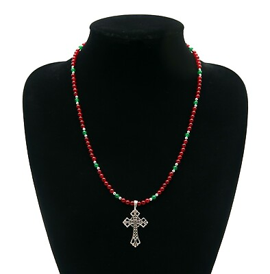 #ad Necklace Ruby Emerald And Silver Ornate of A Cross Ornate Sterling Silver 925 $90.54